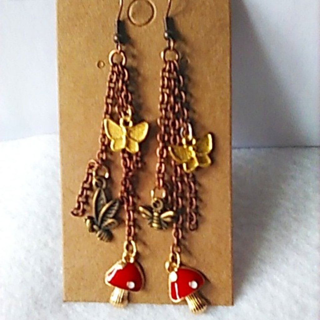 Earrings Red Mushroom Bees Butterfly's Copper Chains Handcrafted Boho New
